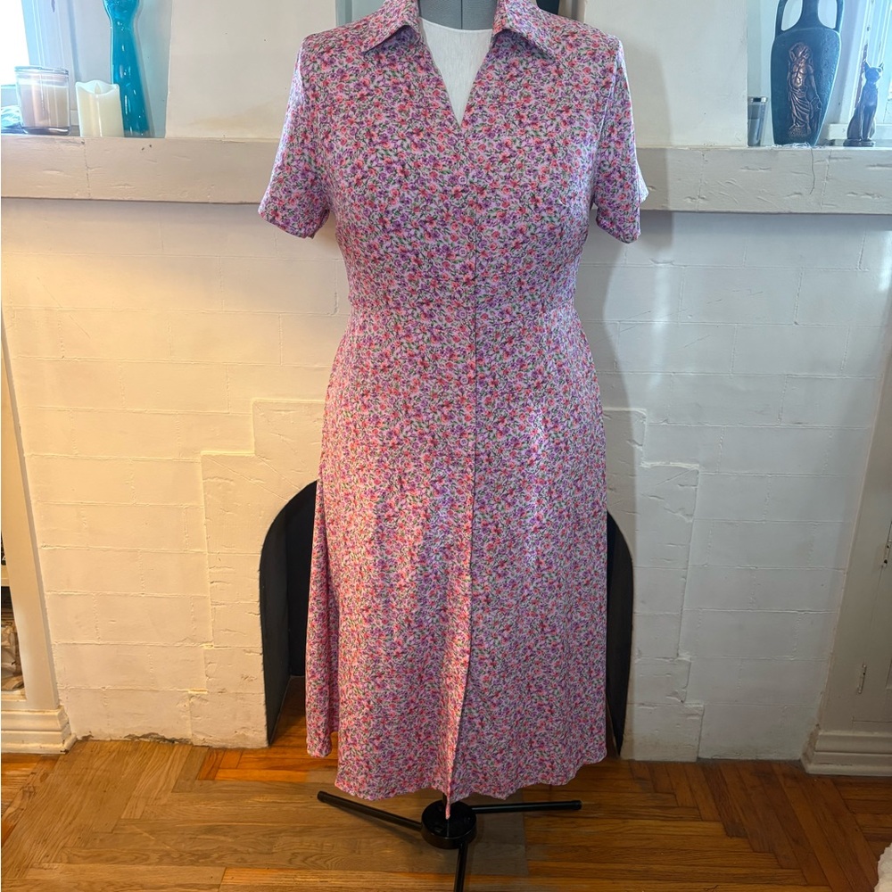 Pink Floral 1930s 1940s Vintage Style Midi Dress
